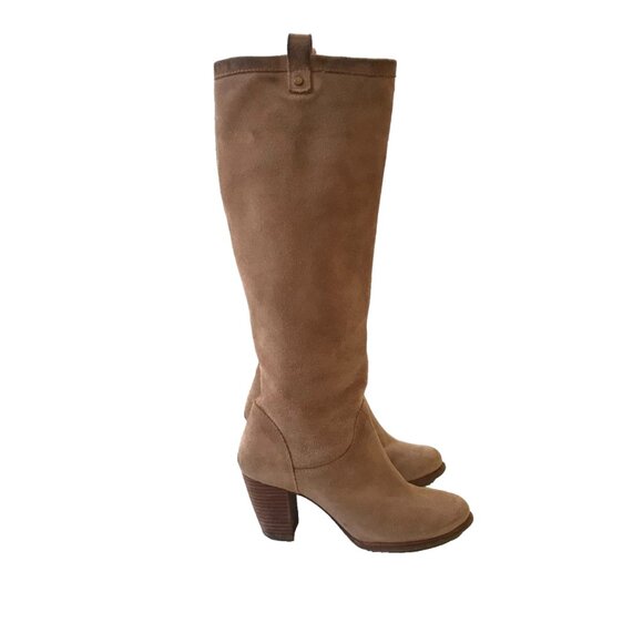 UGG Ava Knee High Tall Suede Boots Womens 6.5 Brown Tan Block Heels Leather Zip - Picture 5 of 16